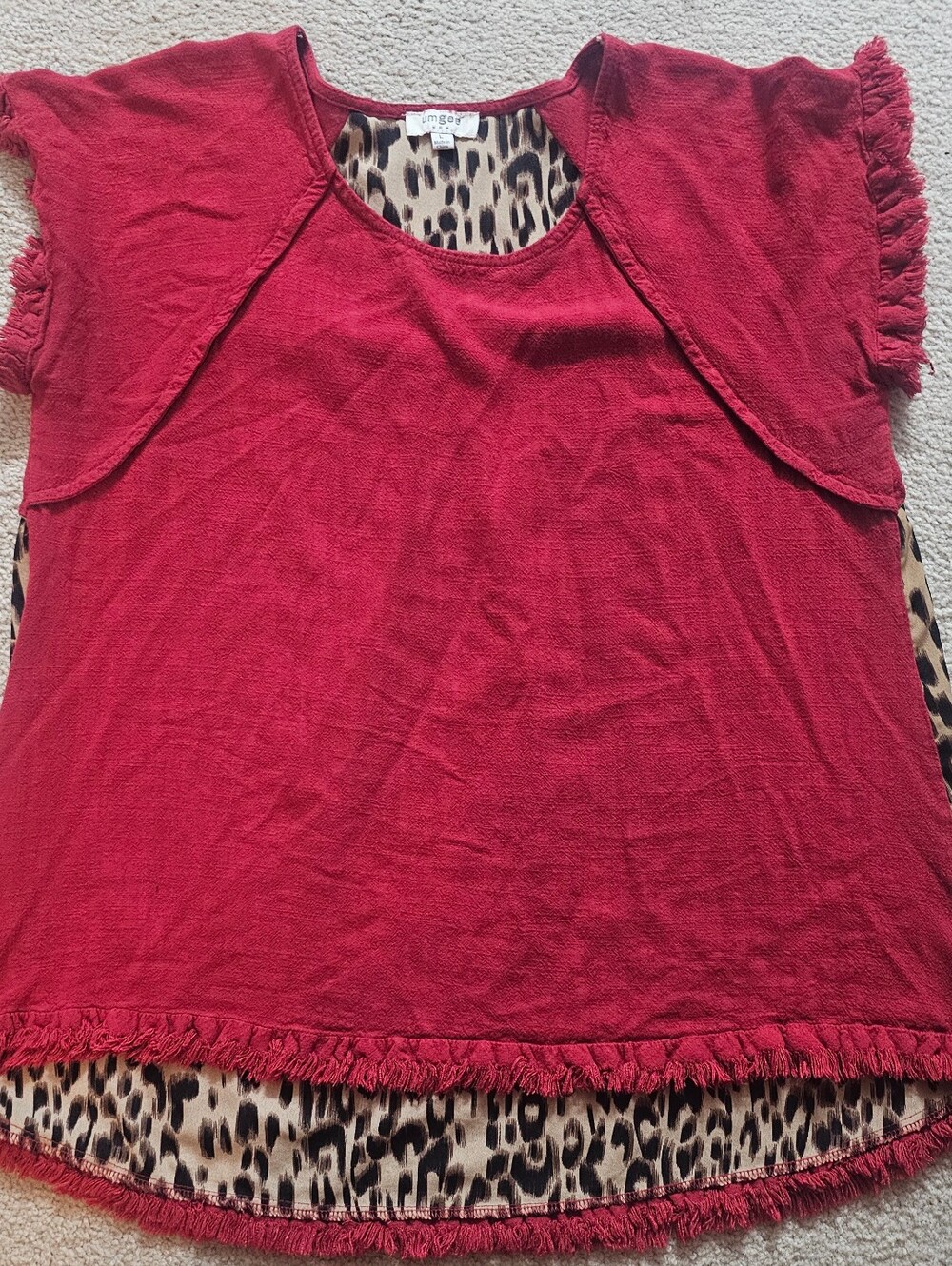 Umgee Linen-Blend Leopard Print Accent Fringe Tunic Top. Size Large - Picture 5 of 10